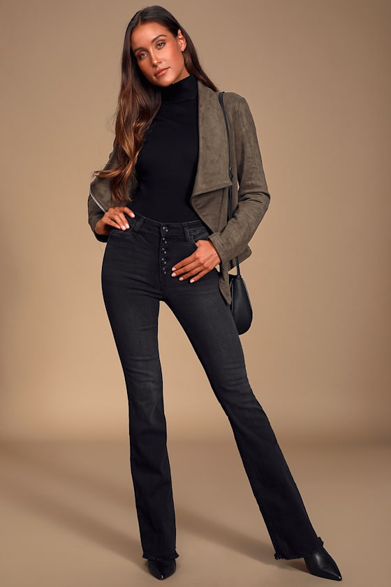 Trina Washed Black Button-Fly Flare Jeans