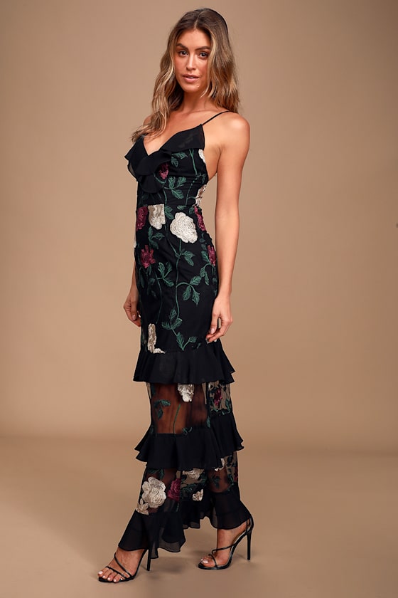 True to Heart Black Floral Embroidered Maxi Dress