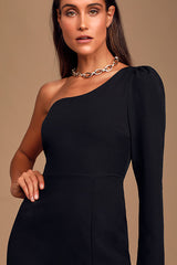 All Is Well Black One-Shoulder Long Sleeve Bodycon Dress