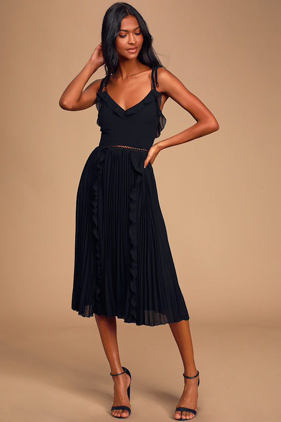 Never a Dull Moment Black Tie-Strap Pleated Midi Dress