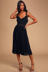 Never a Dull Moment Black Tie-Strap Pleated Midi Dress
