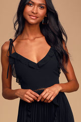 Never a Dull Moment Black Tie-Strap Pleated Midi Dress