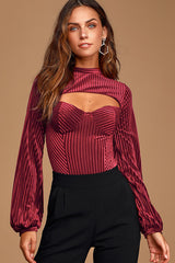 Always Alluring Burgundy Striped Velvet Cutout Bustier Bodysuit