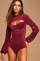 Always Alluring Burgundy Striped Velvet Cutout Bustier Bodysuit