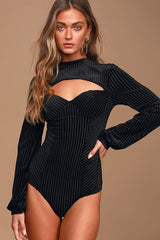 Always Alluring Black Striped Velvet Cutout Bustier Bodysuit