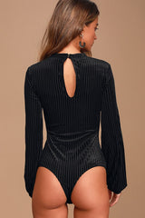 Always Alluring Black Striped Velvet Cutout Bustier Bodysuit