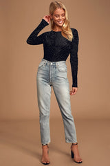 Save the Date Black Velvet Striped Long Sleeve Bodysuit