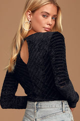 Save the Date Black Velvet Striped Long Sleeve Bodysuit