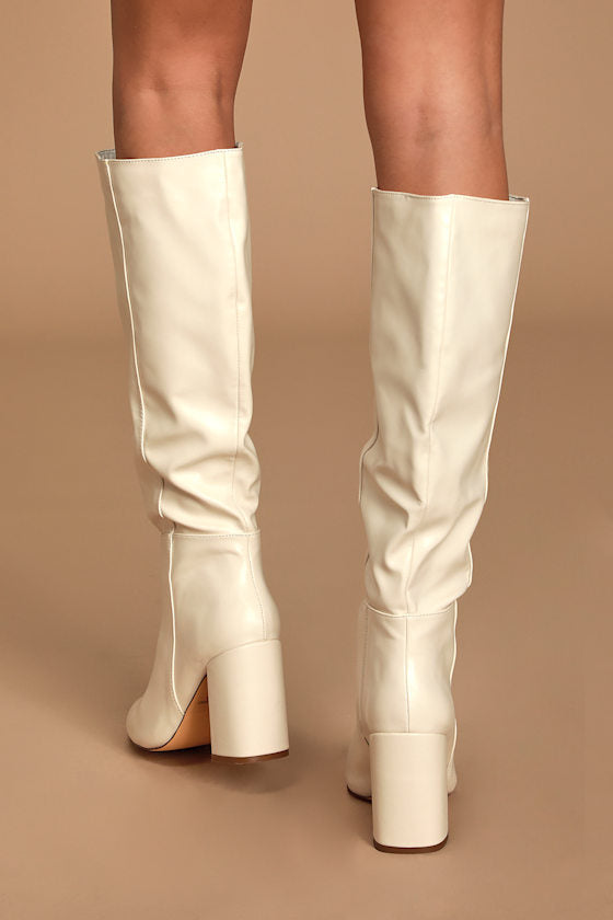 Katari Off White Pointed-Toe Knee High Boots