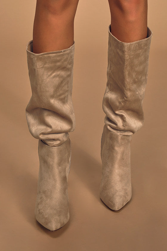 Katari Taupe Suede Pointed-Toe Knee High Boots