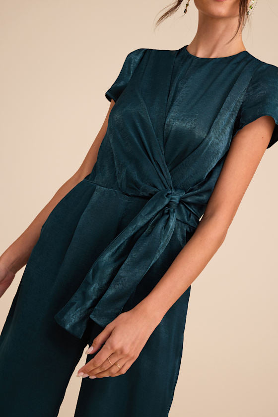 Let Me Entertain You Dark Green Satin Wide-Leg Jumpsuit
