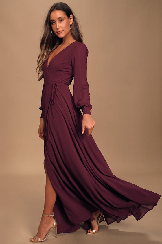 My Whole Heart Plum Long Sleeve Wrap Dress
