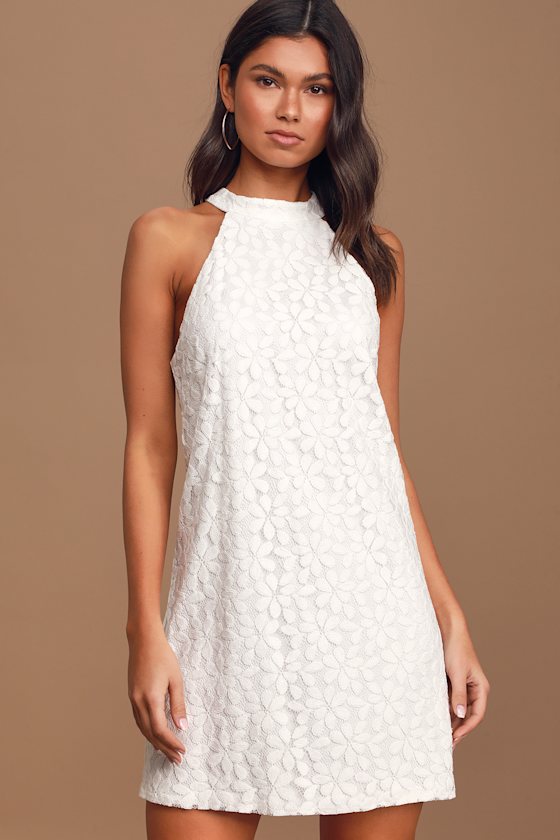 All My Adoration White Lace Halter Shift Dress