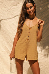 Amalie Dark Mustard Button-Front Sleeveless Romper