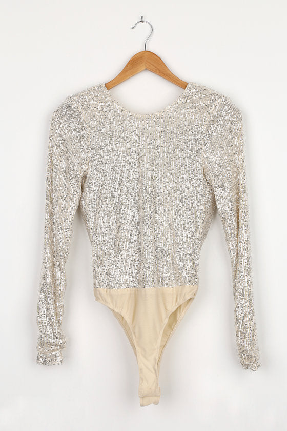 Shimmering Love Silver Sequin Cowl Back Bodysuit