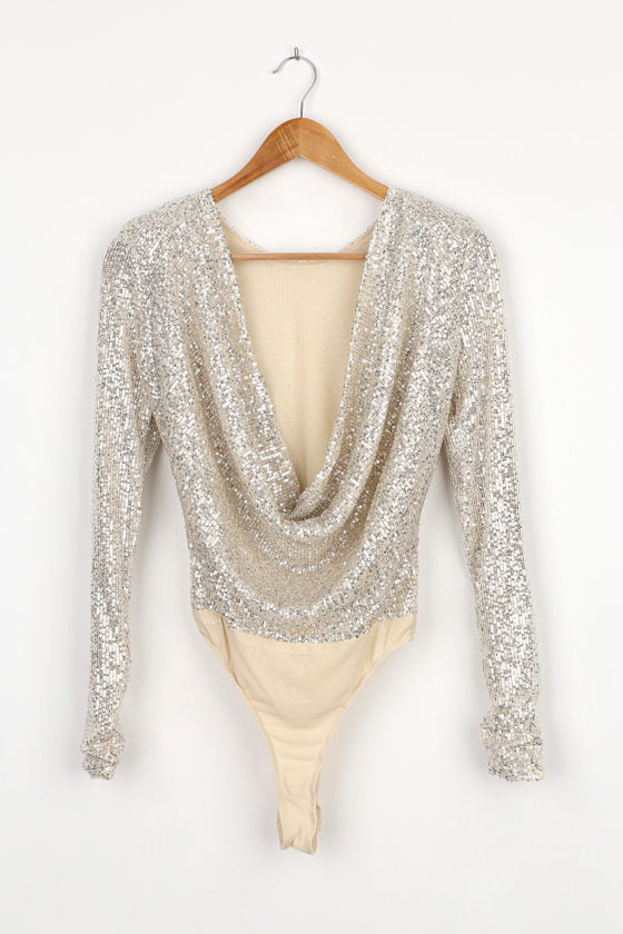 Shimmering Love Silver Sequin Cowl Back Bodysuit