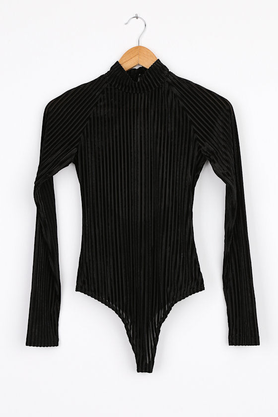 Absolute Stunner Black Velvet Striped Long Sleeve Bodysuit