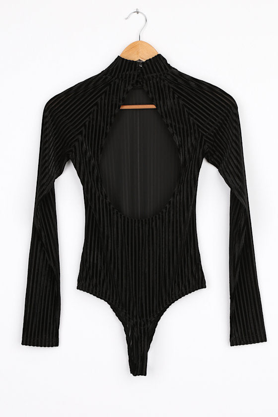 Absolute Stunner Black Velvet Striped Long Sleeve Bodysuit