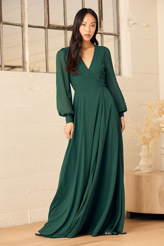 My Whole Heart Emerald Green Long Sleeve Wrap Dress