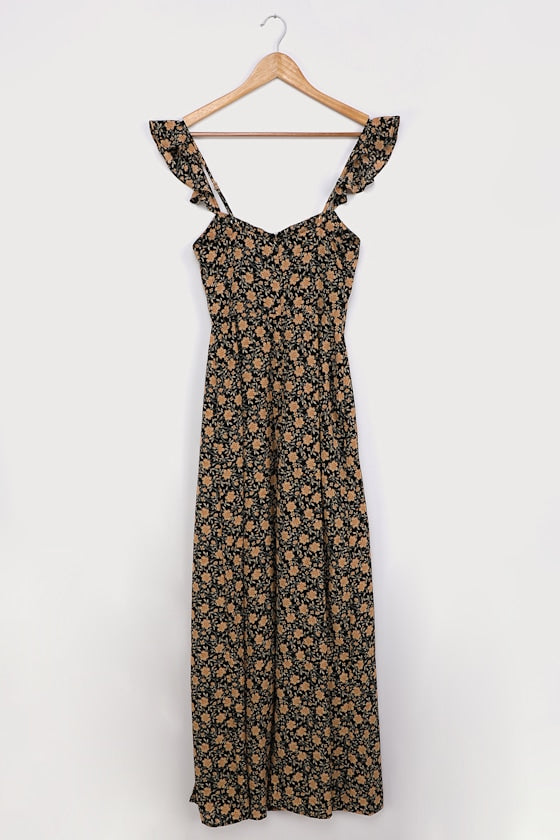 The Way to Love Black Floral Print Ruffled Maxi Dress