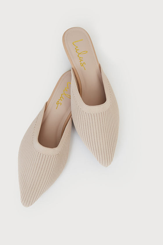 Jeaney Light Nude Ribbed Knit Pointed-Toe Mule Slides