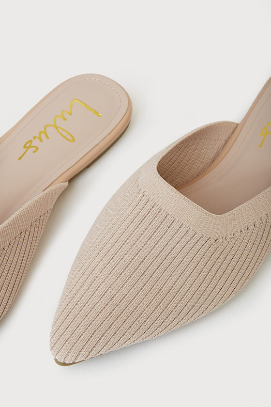 Jeaney Light Nude Ribbed Knit Pointed-Toe Mule Slides