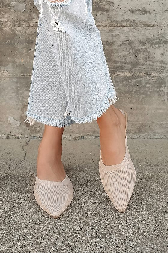Jeaney Light Nude Ribbed Knit Pointed-Toe Mule Slides