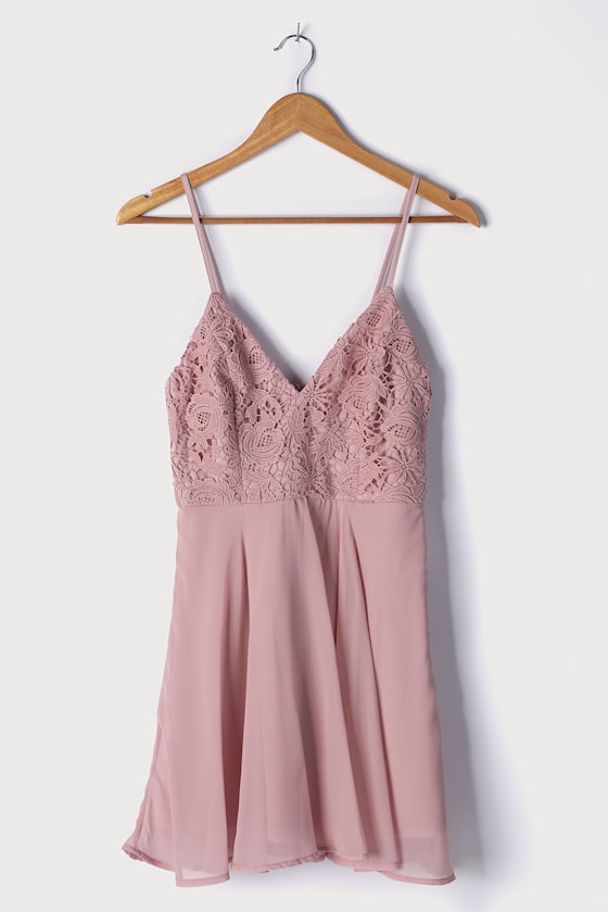 Sweet Emotions Mauve Pink Crochet Lace Skater Dress