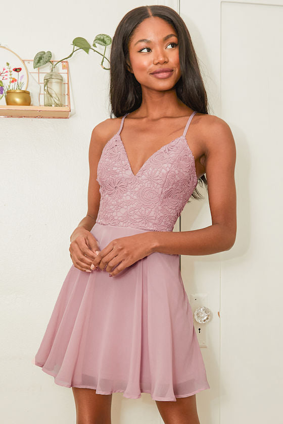 Sweet Emotions Mauve Pink Crochet Lace Skater Dress