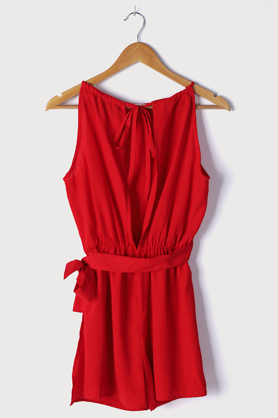 Take Us Out Red Tie-Back Faux Wrap Skort Romper