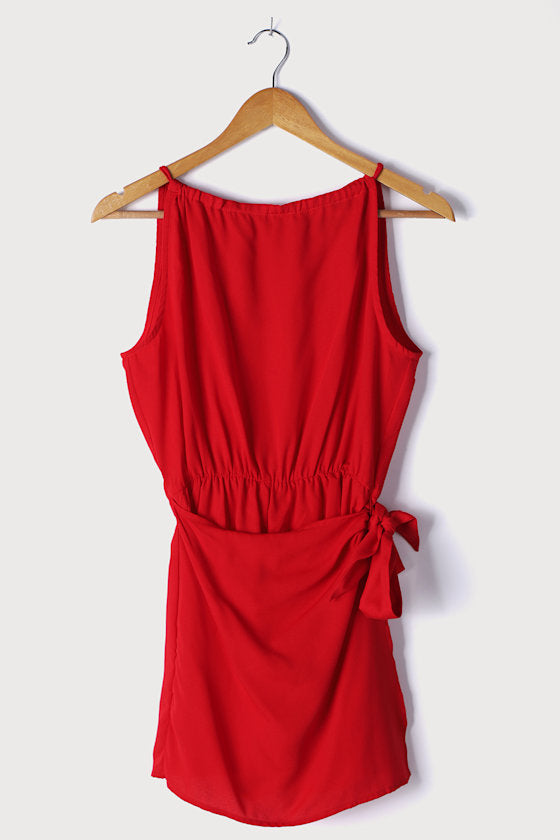 Take Us Out Red Tie-Back Faux Wrap Skort Romper
