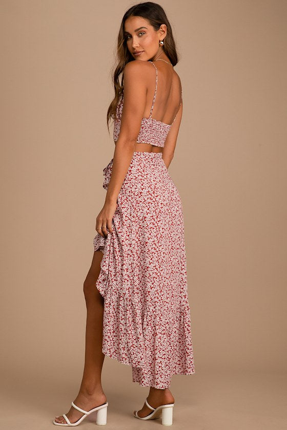 Summer Romance Rust Brown Floral Print Two-Piece Midi Dress