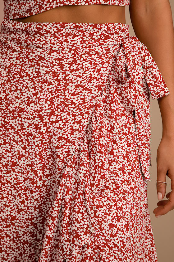 Summer Romance Rust Brown Floral Print Two-Piece Midi Dress