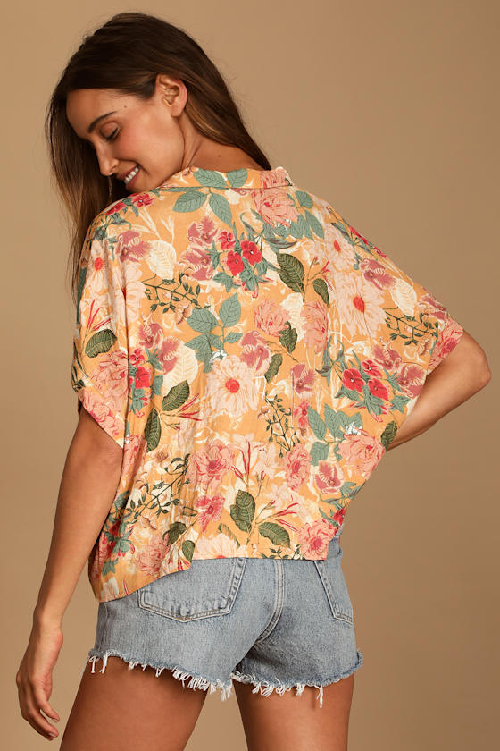Island Style Orange Floral Print Button-Up Short Sleeve Top