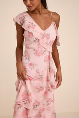 Velma Blush Floral Ruffled Asymmetrical Maxi Dress