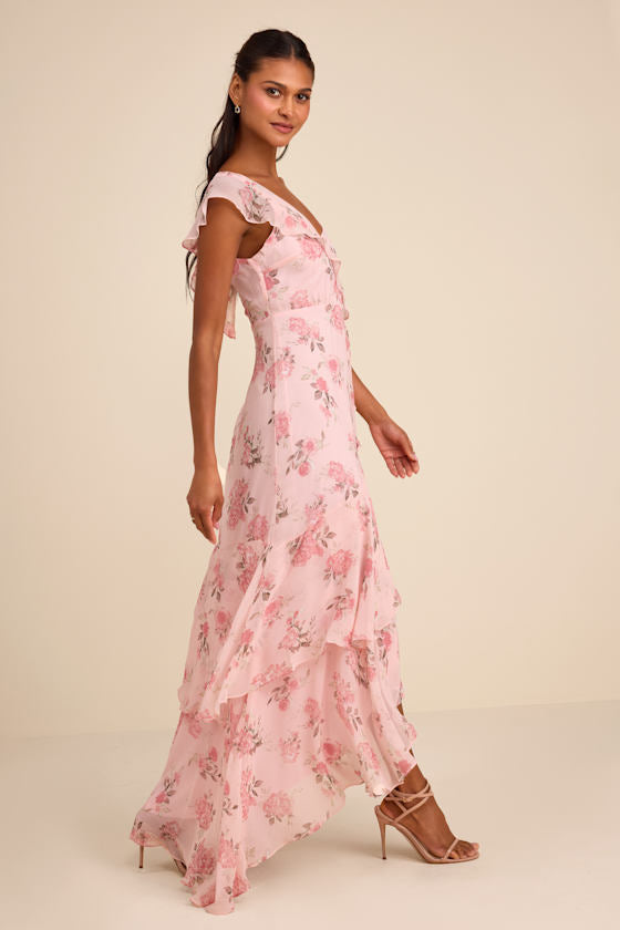 Velma Blush Floral Ruffled Asymmetrical Maxi Dress