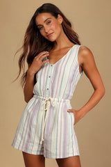 Forever Adventure Lilac Multi Striped Drawstring Romper