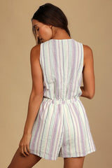 Forever Adventure Lilac Multi Striped Drawstring Romper