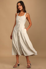 See the City Beige Button-Front Tiered Midi Dress
