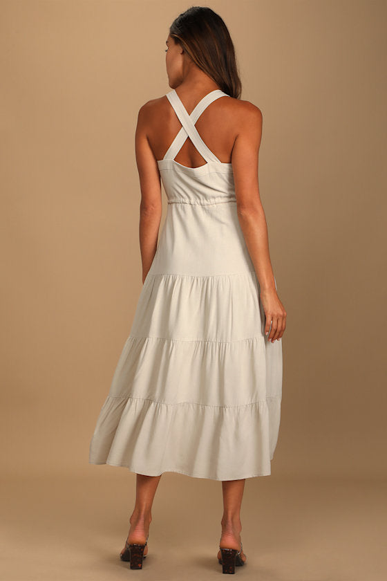 See the City Beige Button-Front Tiered Midi Dress