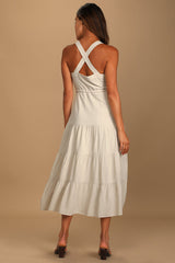 See the City Beige Button-Front Tiered Midi Dress