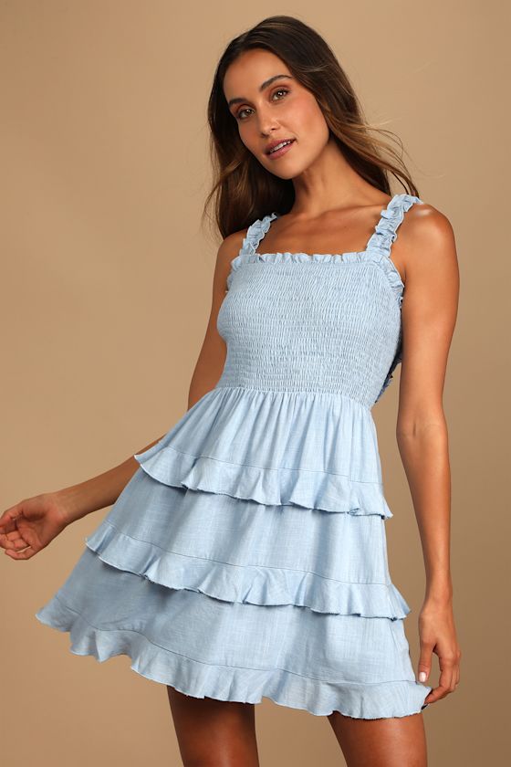 Super Sweet Light Blue Smocked Ruffled Tie-Back Mini Dress