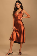 Incredible Love Brown Satin Cowl Back Midi Slip Dress