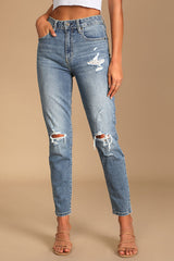 Tobi Medium Wash High-Rise Distressed Mom Jeans