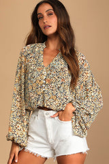Season of Blooms Cream Multi Floral Print Balloon Sleeve Top
