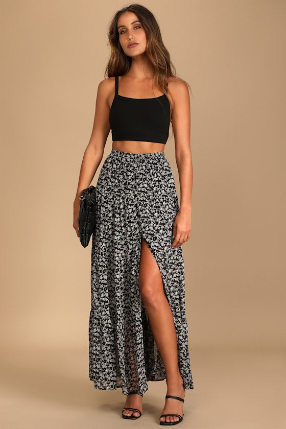 Subtle Sweetness Black Floral Print Tiered Maxi Skirt