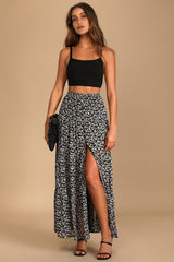 Subtle Sweetness Black Floral Print Tiered Maxi Skirt