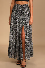 Subtle Sweetness Black Floral Print Tiered Maxi Skirt