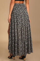 Subtle Sweetness Black Floral Print Tiered Maxi Skirt
