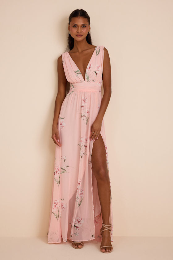 Garden Meandering Light Pink Floral Print Maxi Dress